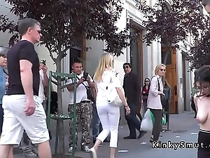 Natural busty slave walked on streets